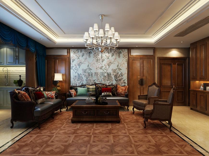 万科翡翠国宾,美式风格效果图,客厅沙发背景墙设计